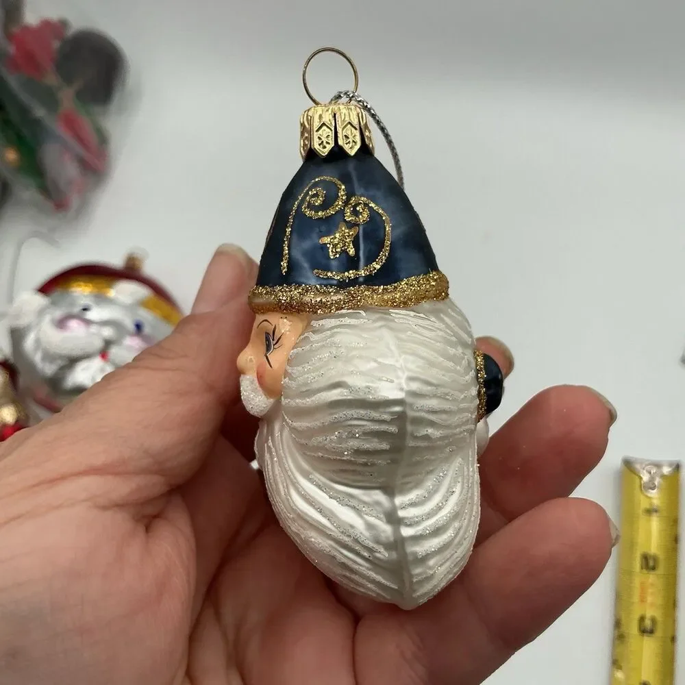 Vintage Glass Santa Head Christmas Ornament Blue Hat Glitter Mercury Glass